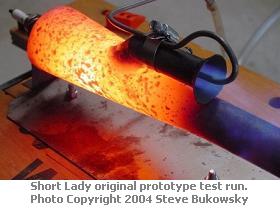 The original Short Lady valveless pulsejet prototype photgraphed in an early test run.